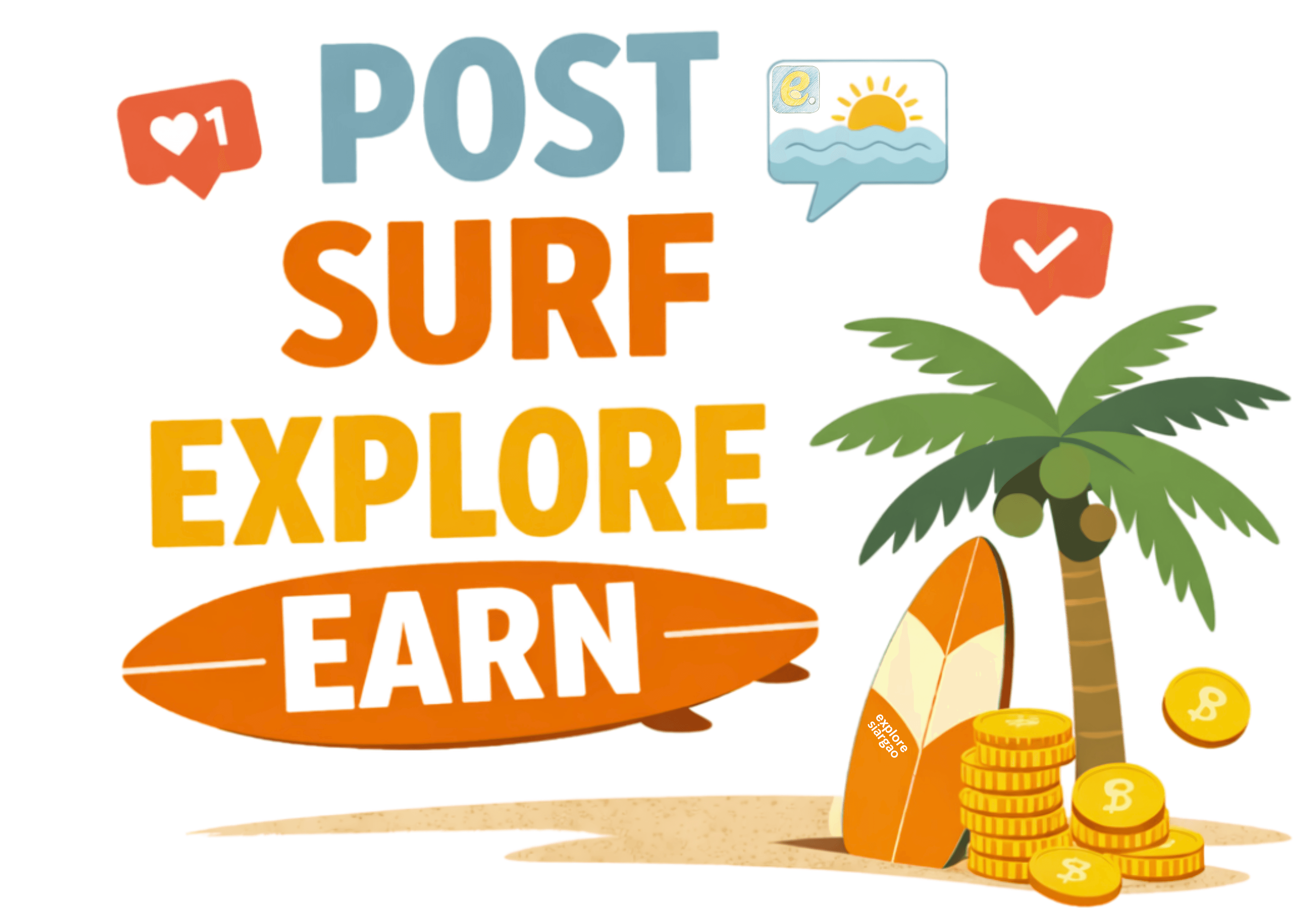 ExploreSiargao creator program graphic promoting earning money by sharing surfing and travel adventures in Siargao.